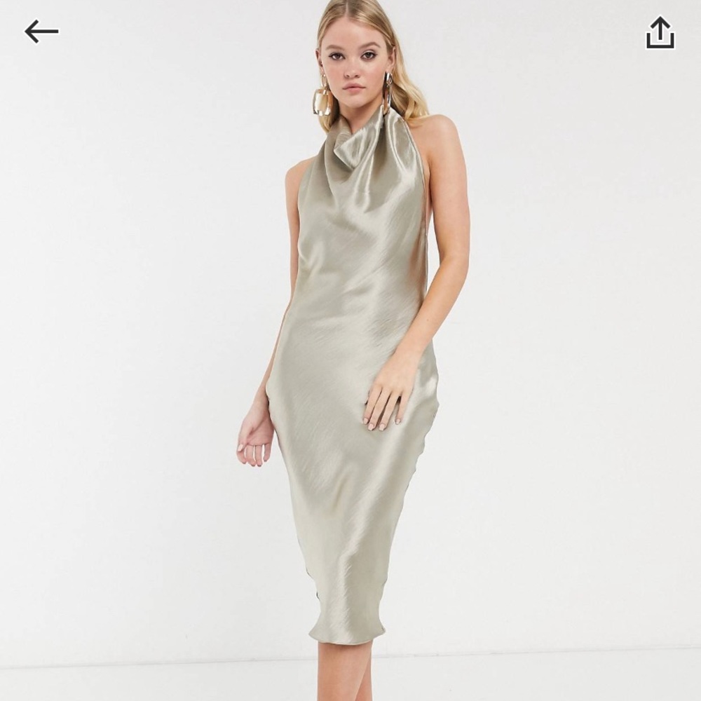Satin slip midi silver halter dress with cowl neck